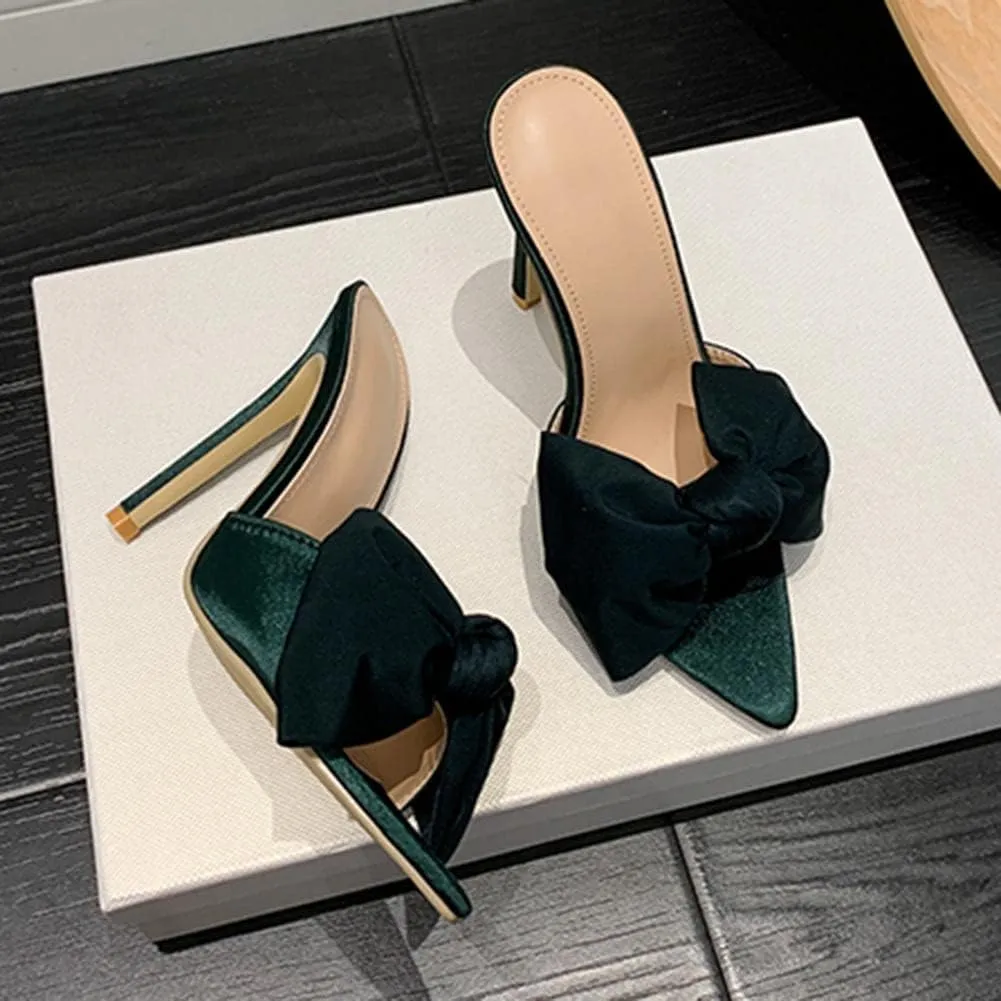 Women's Slip On Bow Slide Sandals Stiletto Heel Heels Bowtie Slippers Sweet Satin Sandals