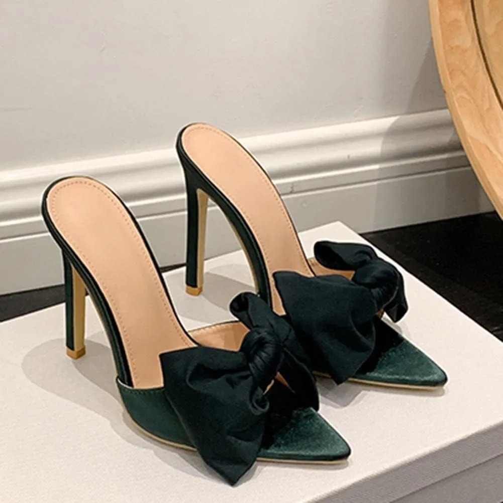 Women's Slip On Bow Slide Sandals Stiletto Heel Heels Bowtie Slippers Sweet Satin Sandals