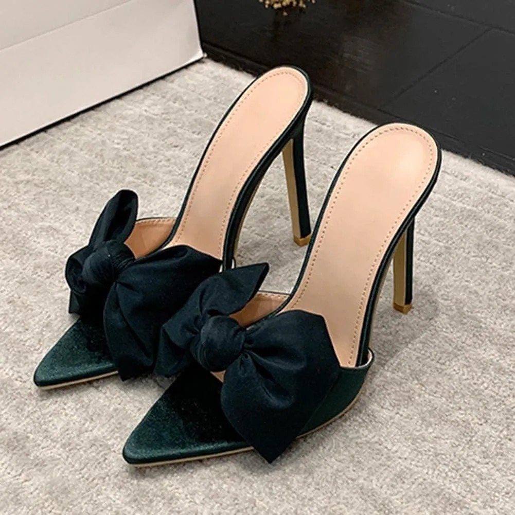 Women's Slip On Bow Slide Sandals Stiletto Heel Heels Bowtie Slippers Sweet Satin Sandals