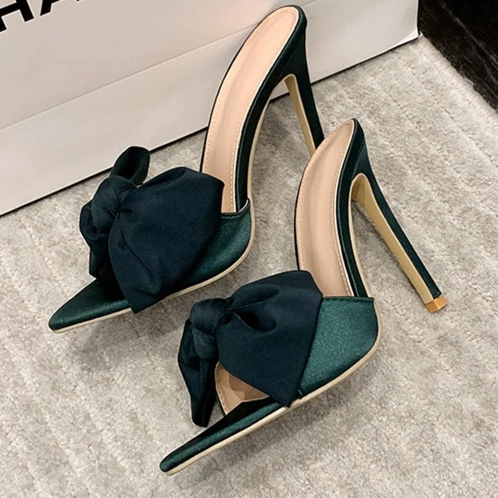 Women's Slip On Bow Slide Sandals Stiletto Heel Heels Bowtie Slippers Sweet Satin Sandals