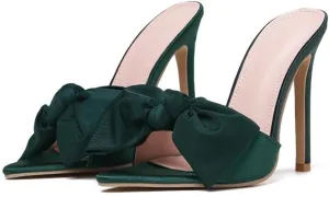 Women's Slip On Bow Slide Sandals Stiletto Heel Heels Bowtie Slippers Sweet Satin Sandals