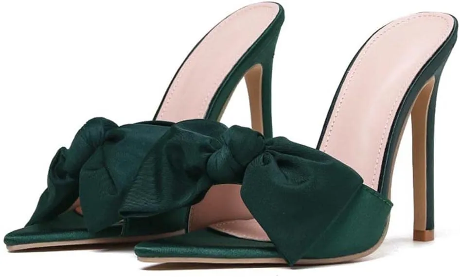 Women's Slip On Bow Slide Sandals Stiletto Heel Heels Bowtie Slippers Sweet Satin Sandals