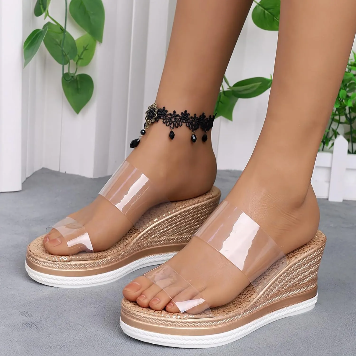 Women's Slip On Wedge Heels Transparent Straps Wedge Sandals, Round Open Toe Platform Sandals Summer Beach Slides Shoes