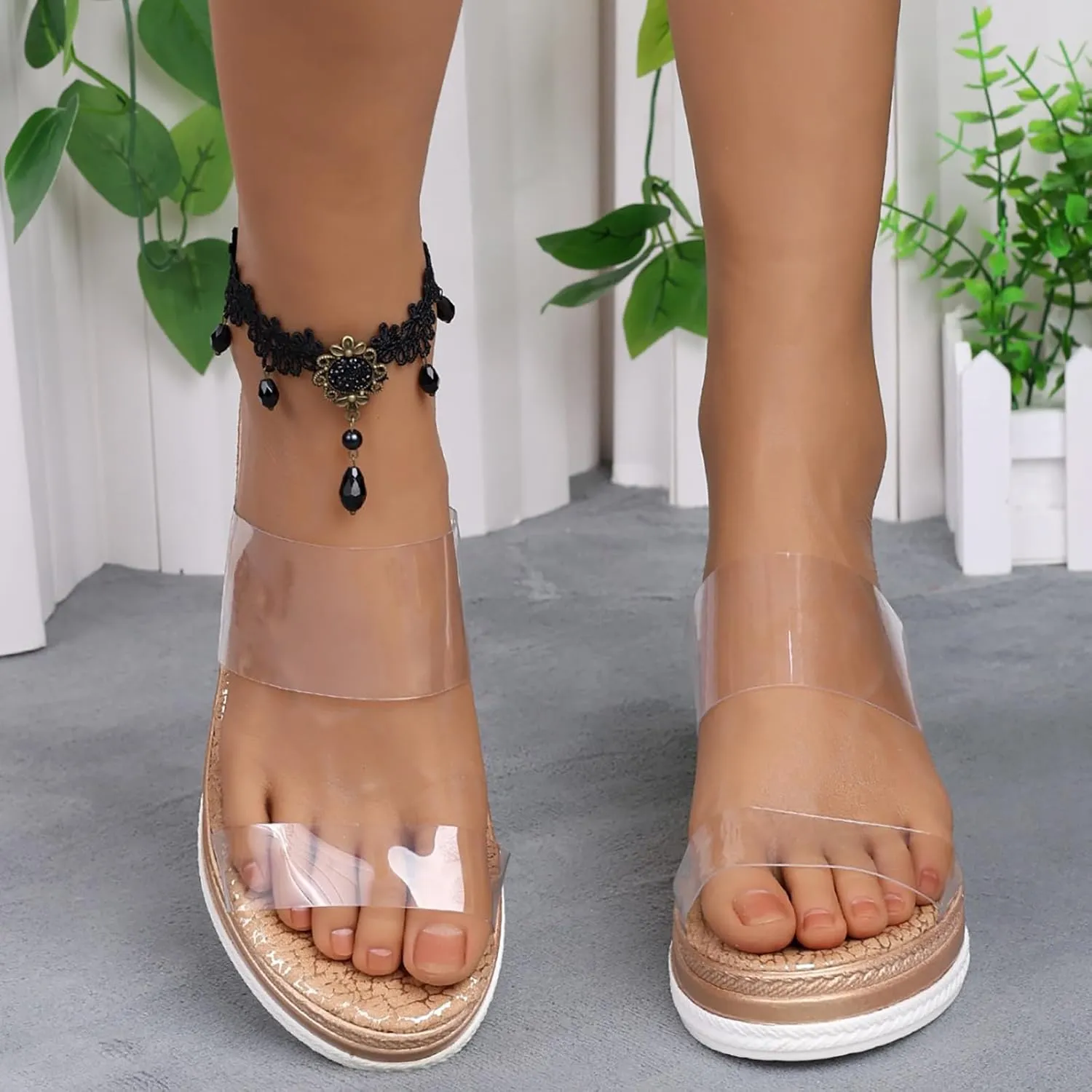 Women's Slip On Wedge Heels Transparent Straps Wedge Sandals, Round Open Toe Platform Sandals Summer Beach Slides Shoes