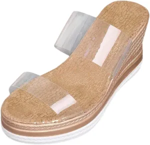 Women's Slip On Wedge Heels Transparent Straps Wedge Sandals, Round Open Toe Platform Sandals Summer Beach Slides Shoes