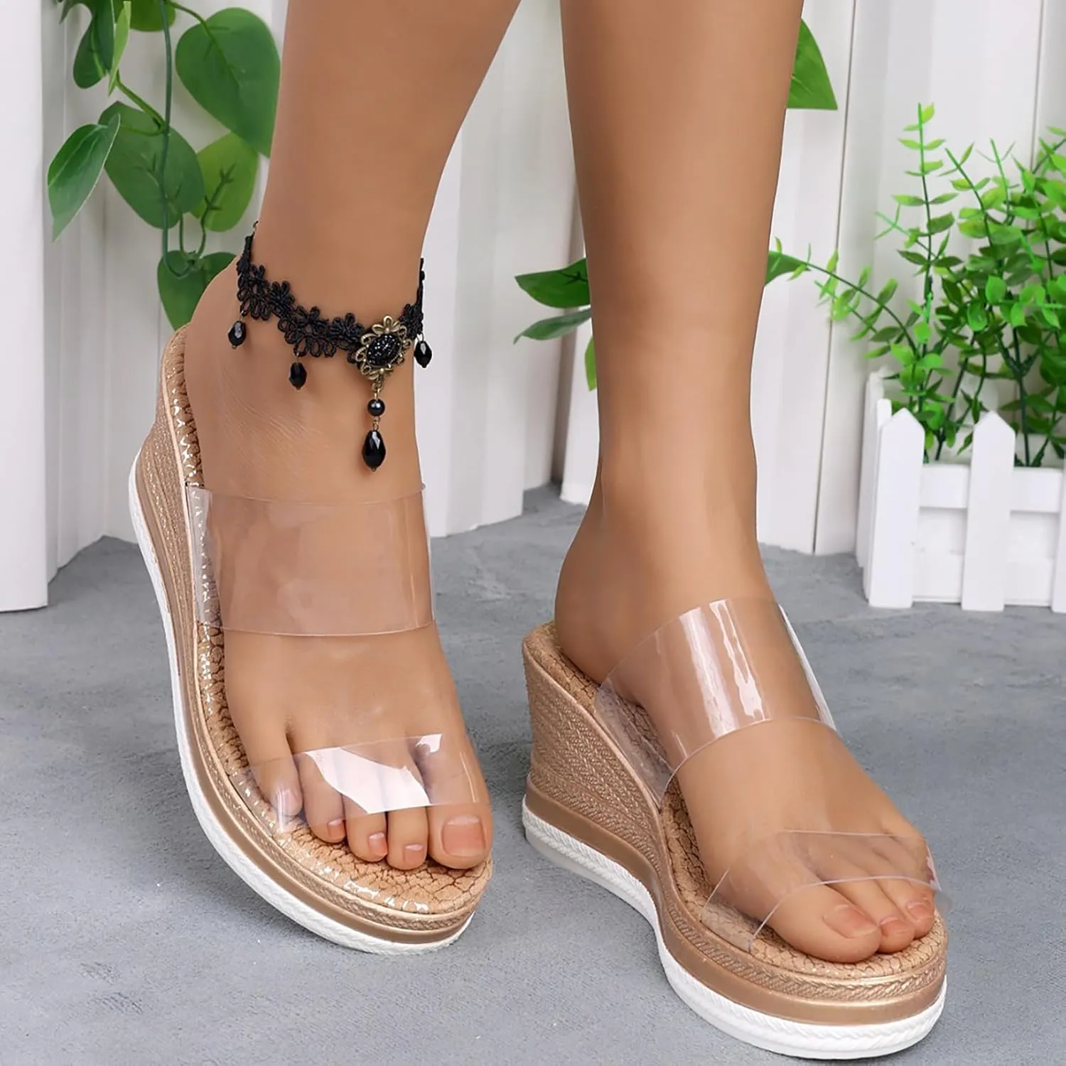 Women's Slip On Wedge Heels Transparent Straps Wedge Sandals, Round Open Toe Platform Sandals Summer Beach Slides Shoes