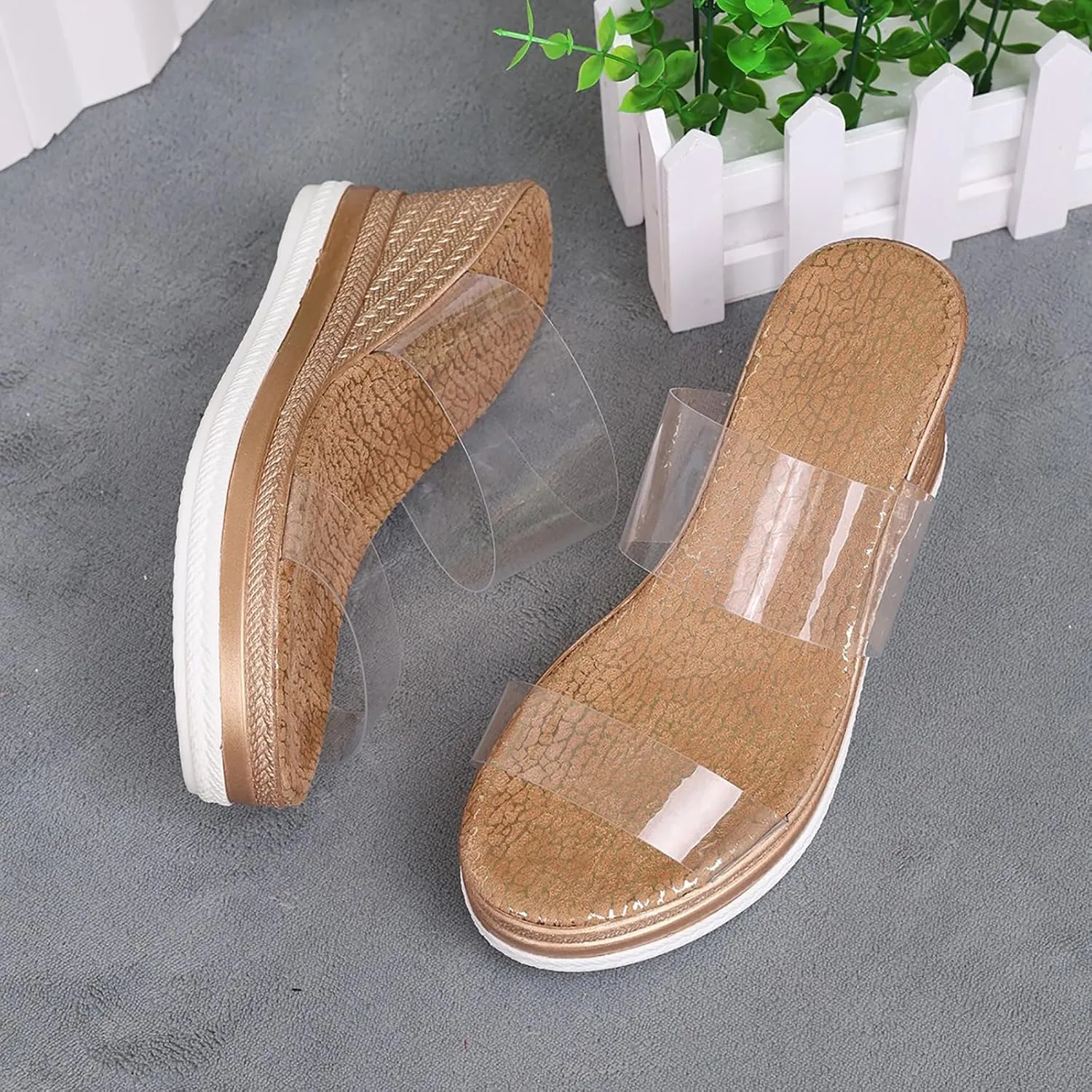 Women's Slip On Wedge Heels Transparent Straps Wedge Sandals, Round Open Toe Platform Sandals Summer Beach Slides Shoes