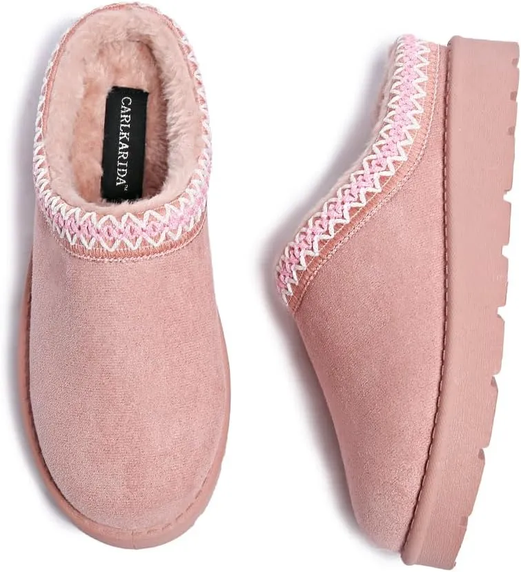 Women’s Slippers Platform Mini Boots for Suede Leather Slip-on Fluffy Warm Comfy