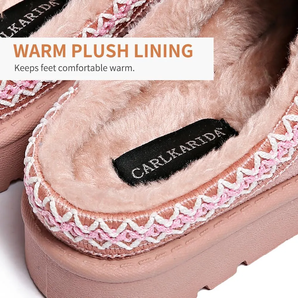 Women’s Slippers Platform Mini Boots for Suede Leather Slip-on Fluffy Warm Comfy