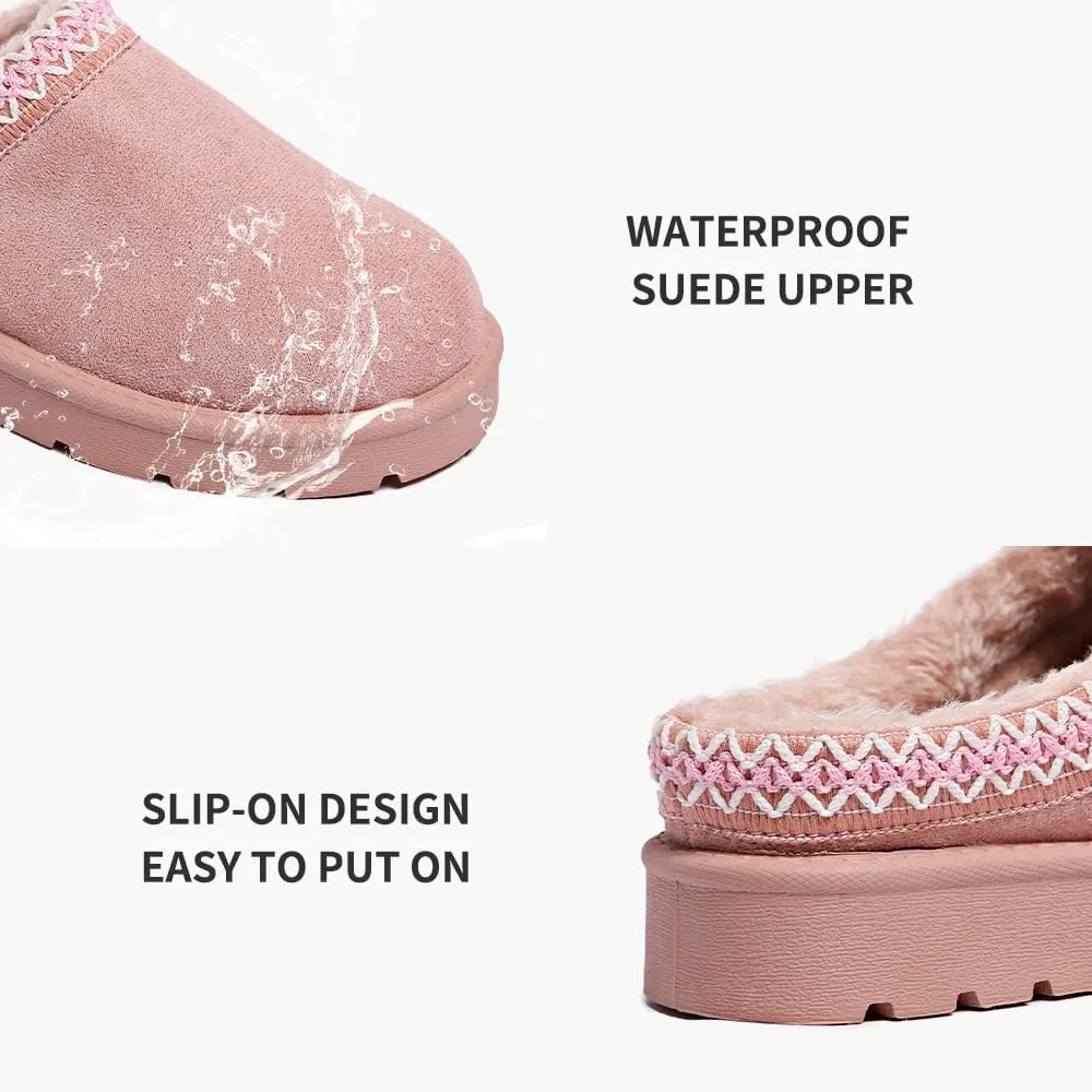Women’s Slippers Platform Mini Boots for Suede Leather Slip-on Fluffy Warm Comfy
