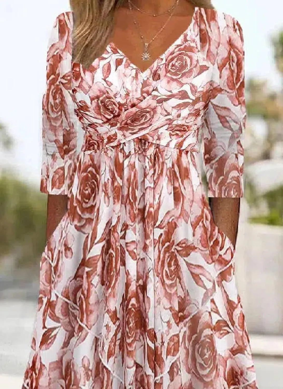 Womens Stylish Sweet Plant Print V Neck Midi Dress with Side Pockets Flowy Ruched Long Sleeve Daily Dress