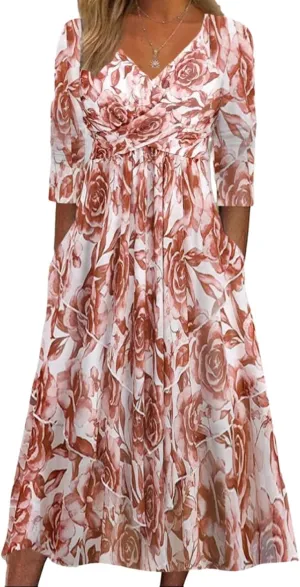 Womens Stylish Sweet Plant Print V Neck Midi Dress with Side Pockets Flowy Ruched Long Sleeve Daily Dress