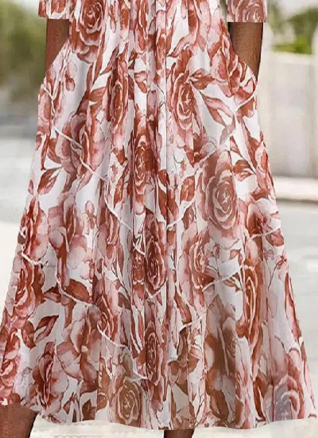 Womens Stylish Sweet Plant Print V Neck Midi Dress with Side Pockets Flowy Ruched Long Sleeve Daily Dress