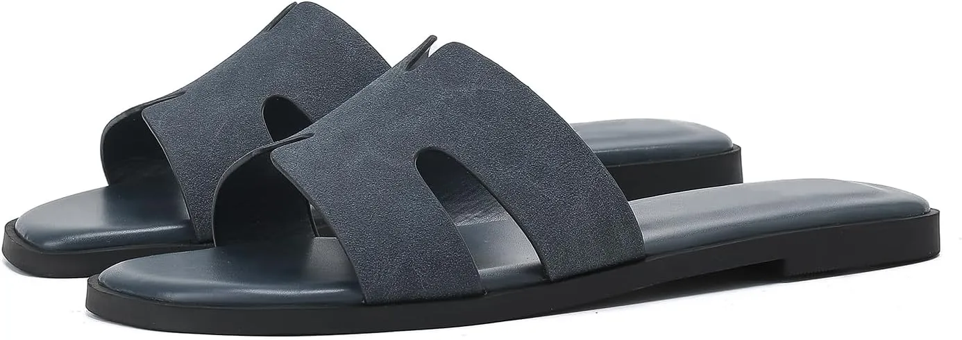 Women's Suede Flat Sandals Open Toe Slip on Sandals Comfort Slide Sandals for Women with Memory Foam