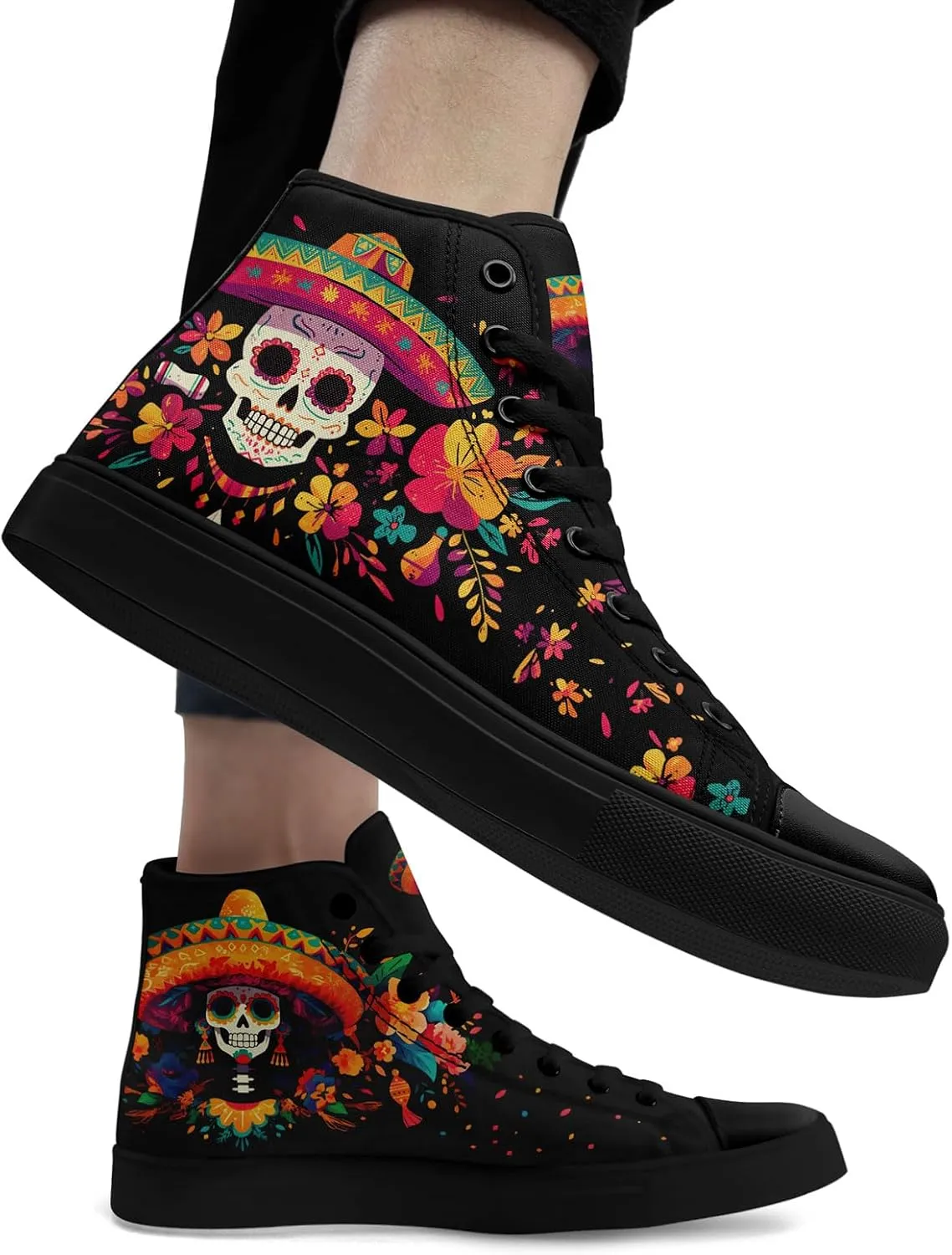 Women's Sugar Skull Canvas Sneakers - Mexican Catrina Art Fashion Shoes Gothic and Folk Art Casual High Tops