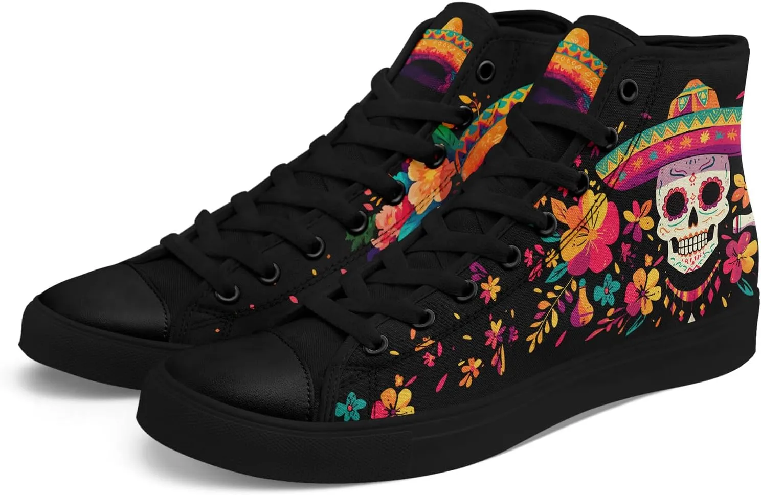Women's Sugar Skull Canvas Sneakers - Mexican Catrina Art Fashion Shoes Gothic and Folk Art Casual High Tops