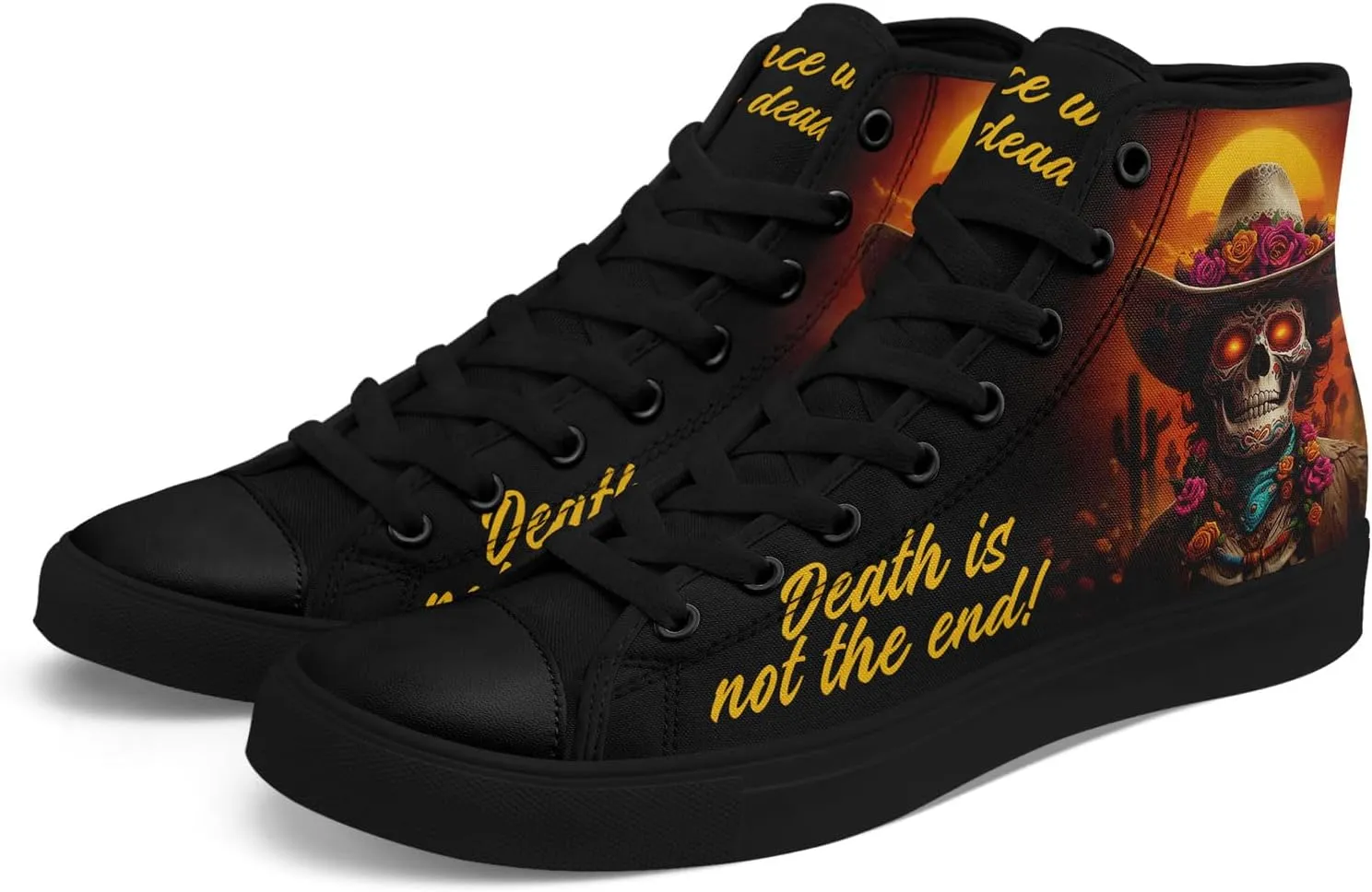 Women's Sugar Skull Canvas Sneakers - Mexican Catrina Art Fashion Shoes Gothic and Folk Art Casual High Tops