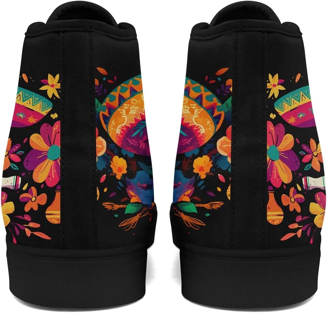 Women's Sugar Skull Canvas Sneakers - Mexican Catrina Art Fashion Shoes Gothic and Folk Art Casual High Tops