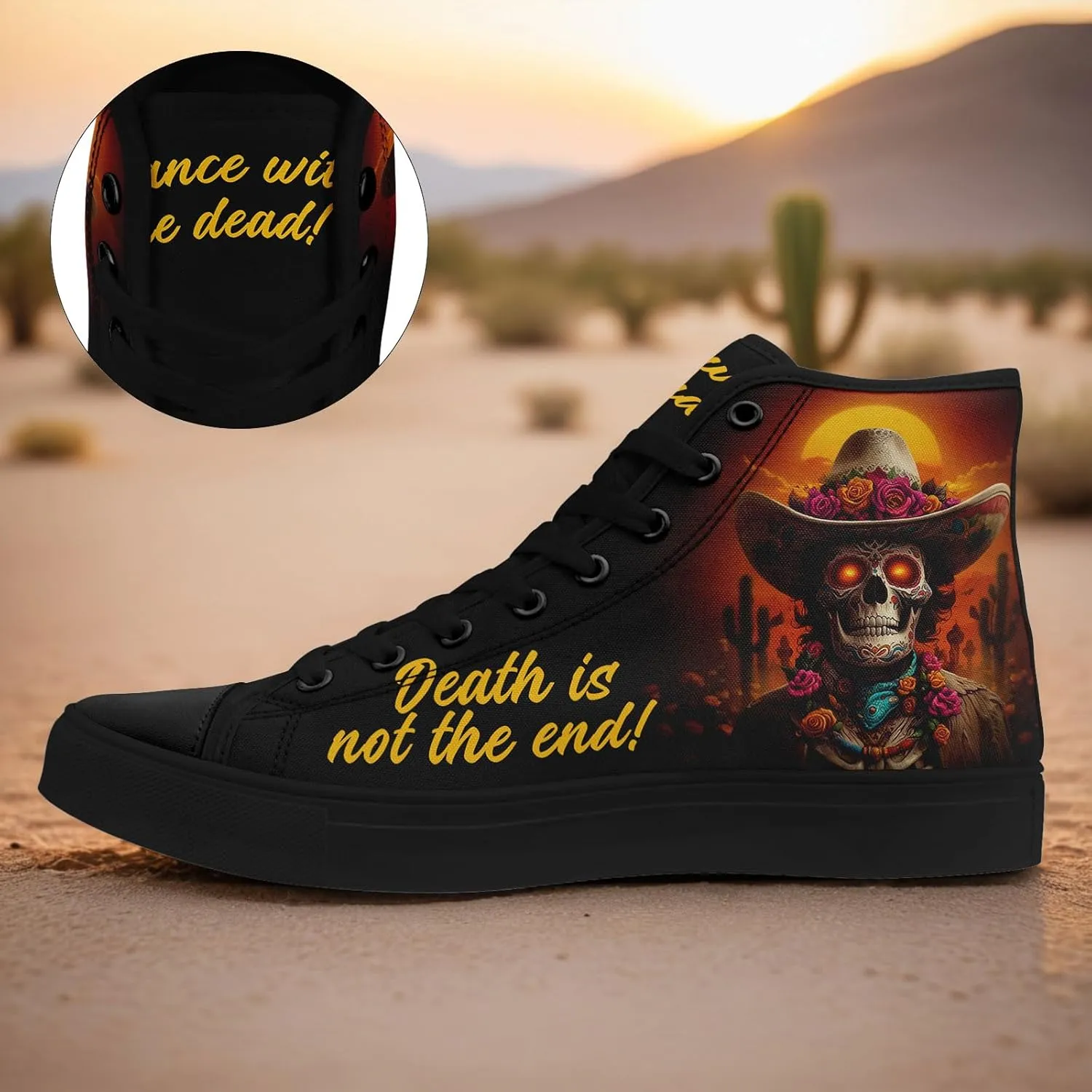 Women's Sugar Skull Canvas Sneakers - Mexican Catrina Art Fashion Shoes Gothic and Folk Art Casual High Tops