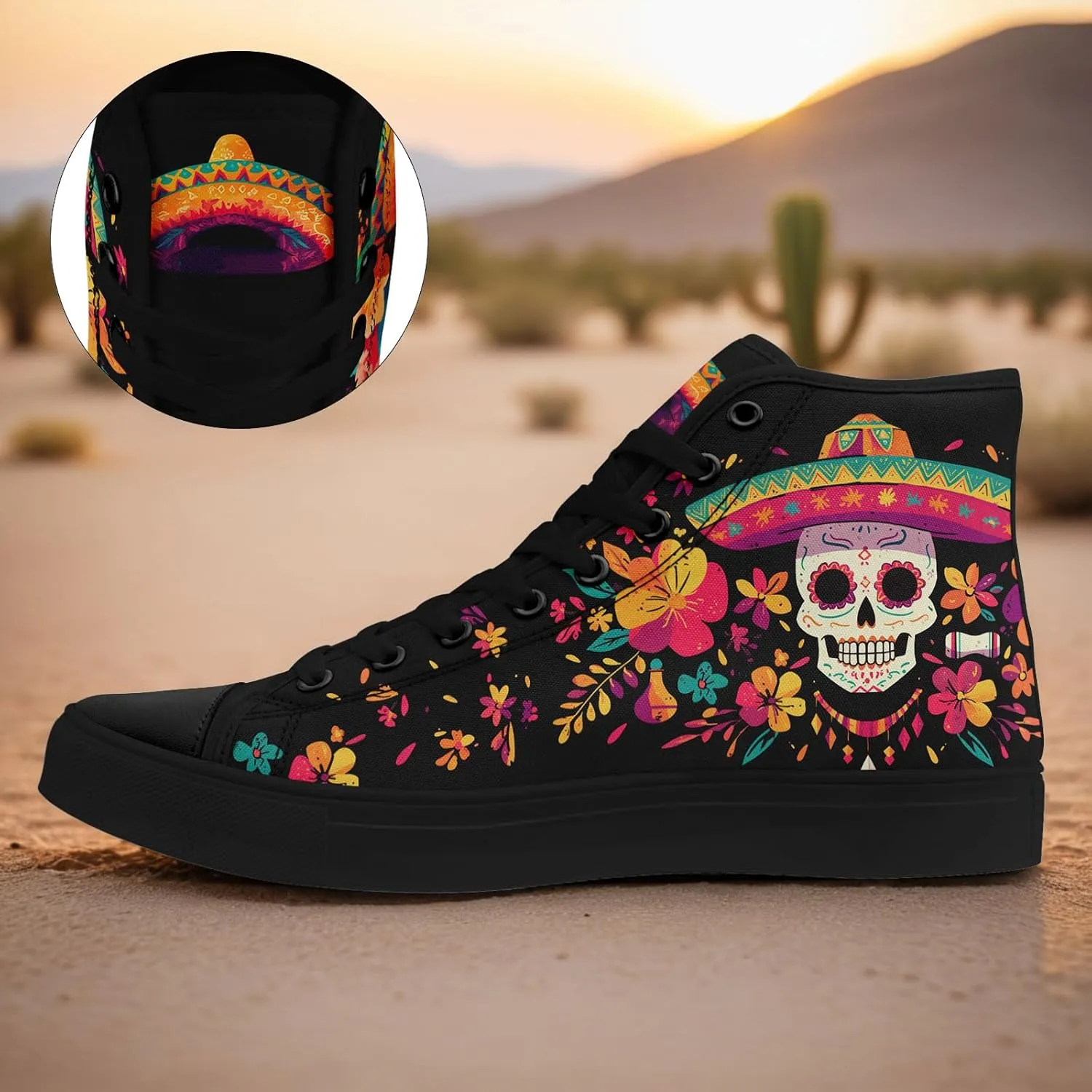 Women's Sugar Skull Canvas Sneakers - Mexican Catrina Art Fashion Shoes Gothic and Folk Art Casual High Tops