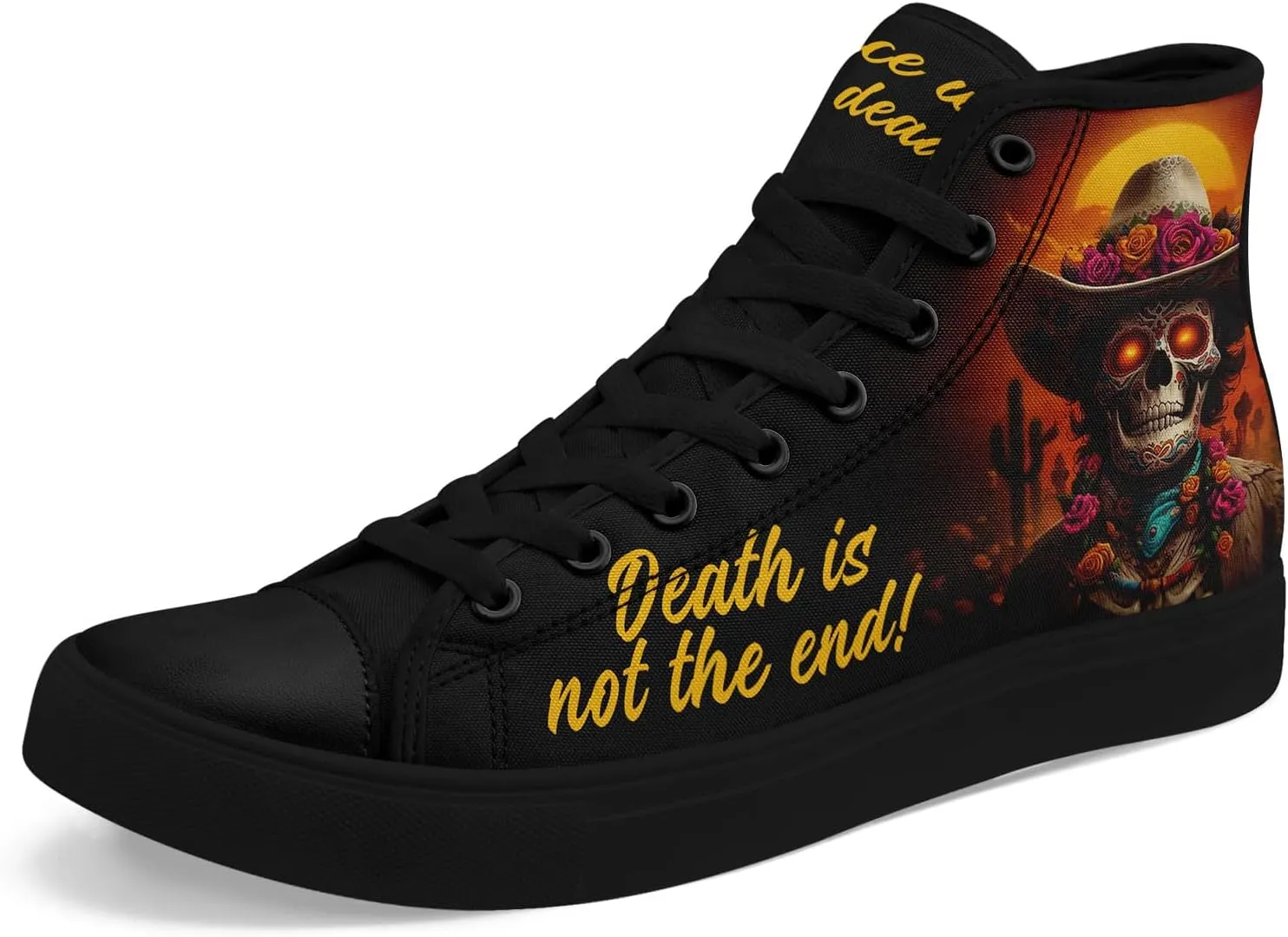 Women's Sugar Skull Canvas Sneakers - Mexican Catrina Art Fashion Shoes Gothic and Folk Art Casual High Tops