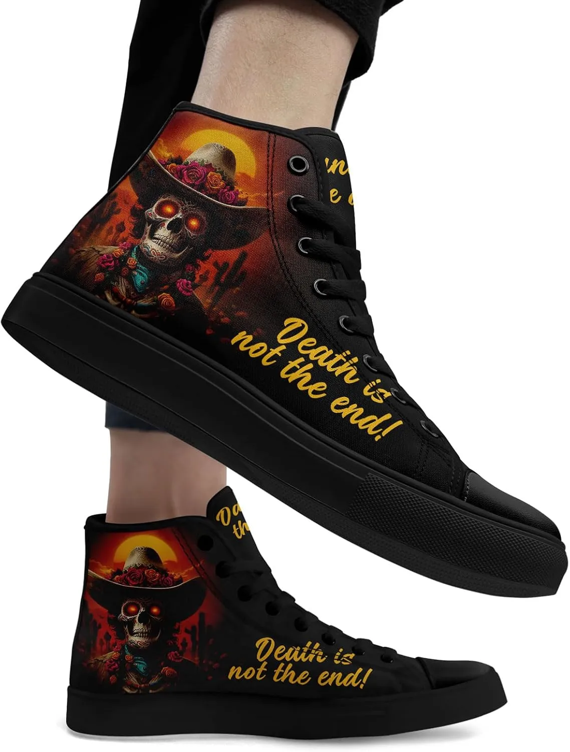 Women's Sugar Skull Canvas Sneakers - Mexican Catrina Art Fashion Shoes Gothic and Folk Art Casual High Tops