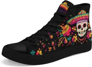 Women's Sugar Skull Canvas Sneakers - Mexican Catrina Art Fashion Shoes Gothic and Folk Art Casual High Tops