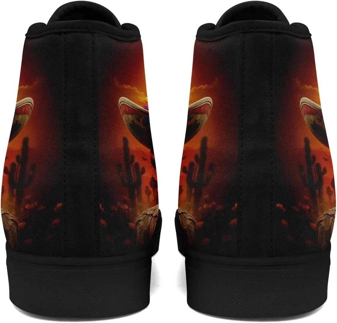 Women's Sugar Skull Canvas Sneakers - Mexican Catrina Art Fashion Shoes Gothic and Folk Art Casual High Tops