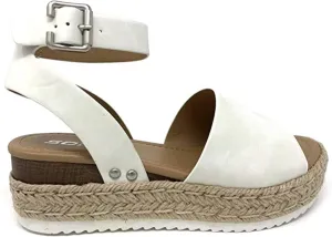 Womens Topic4 Casual Espadrilles Trim Rubber Sole Flatform Studded Wedge Buckle Ankle Strap Open Toe Sandal (8.5 M US, White T)