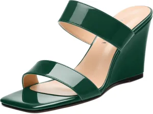 Womens Wedge Heeled Sandals, Slip On Square Toe Wedge Sandals for Women 3.3"