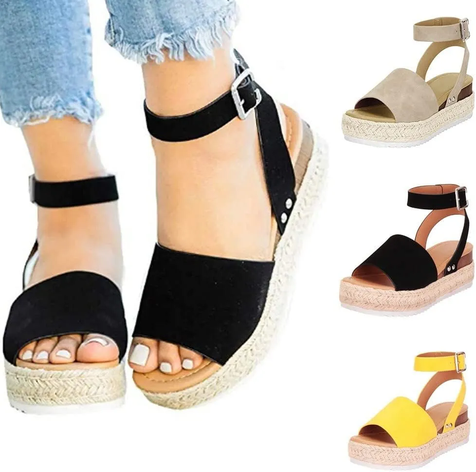 Womens Wedge Platform Espadrille Ankle Strap Clip Toe Summer Casual Sandals Boho Beach Shoes Flip Flops