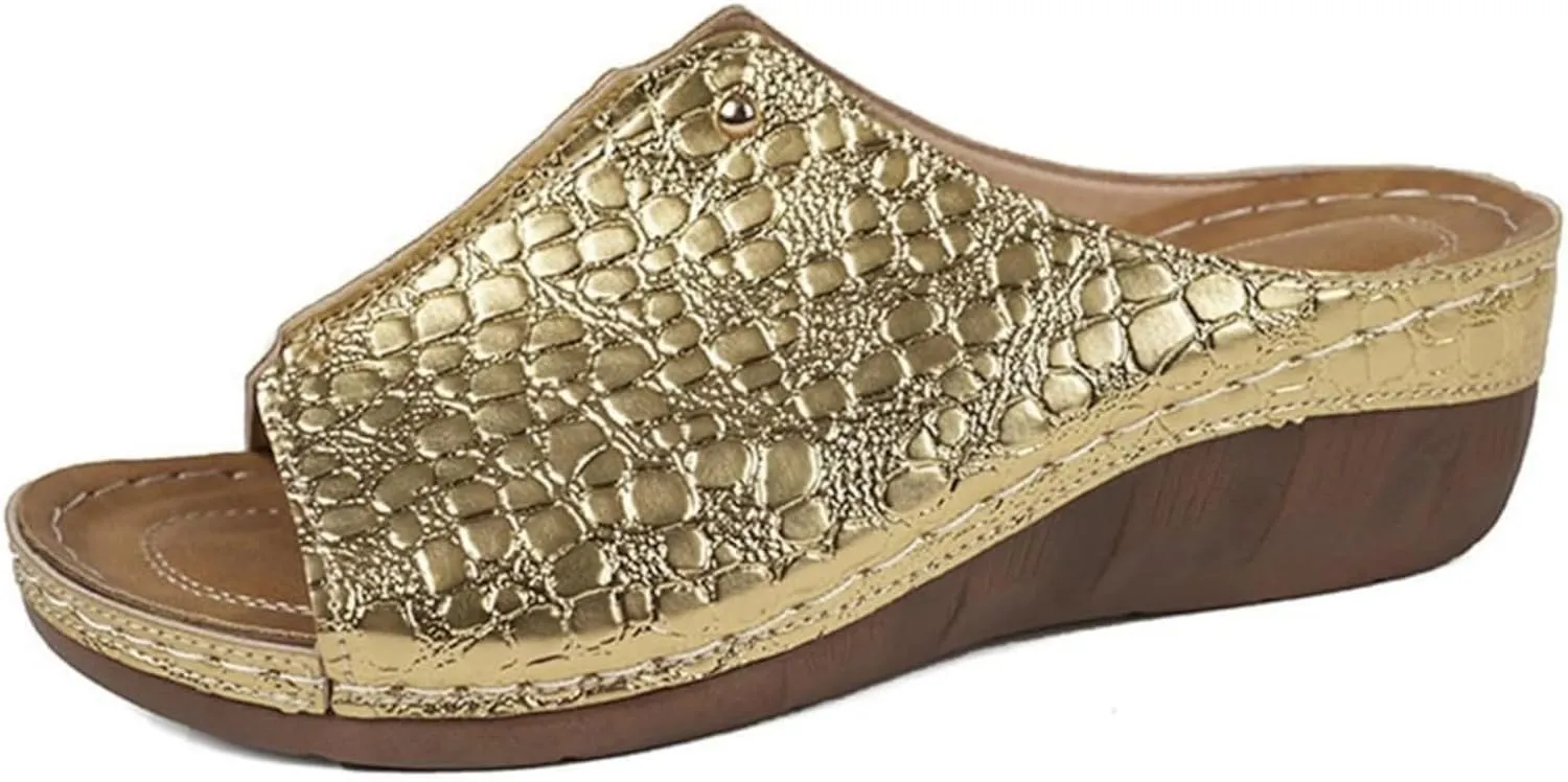 Womens Wedge Sandals Dressy Summer Casual Slip On Walking Shoes Sole Comfortable Low Heels Slides Orthopedic Arch Support Crocodile Pattern Sandal Open Toe Non-Slip Spring Beach Shoe