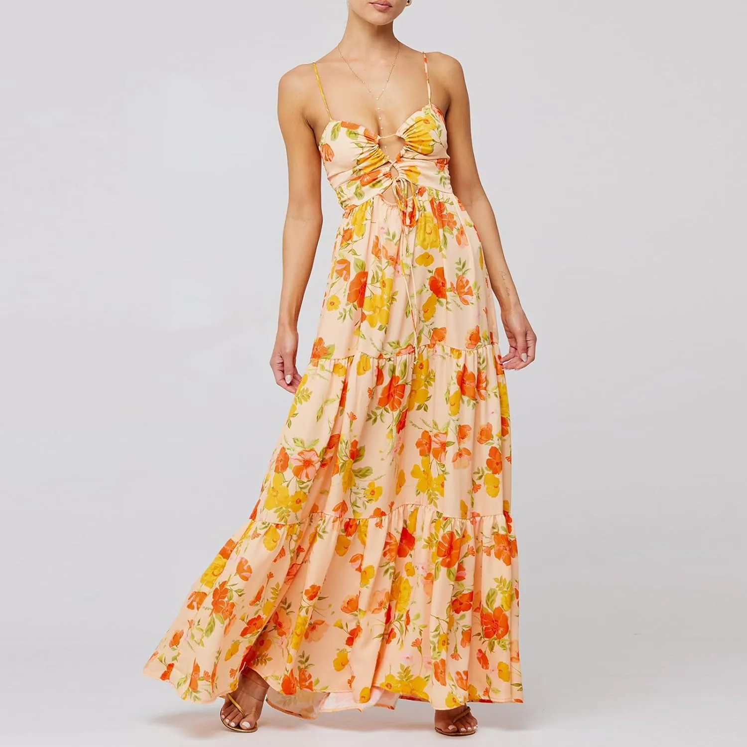 Women's Y2K Cami Long Dress Sleeveless Spaghetti Strap Cross Tie-up Front Floral Print Beach Dress