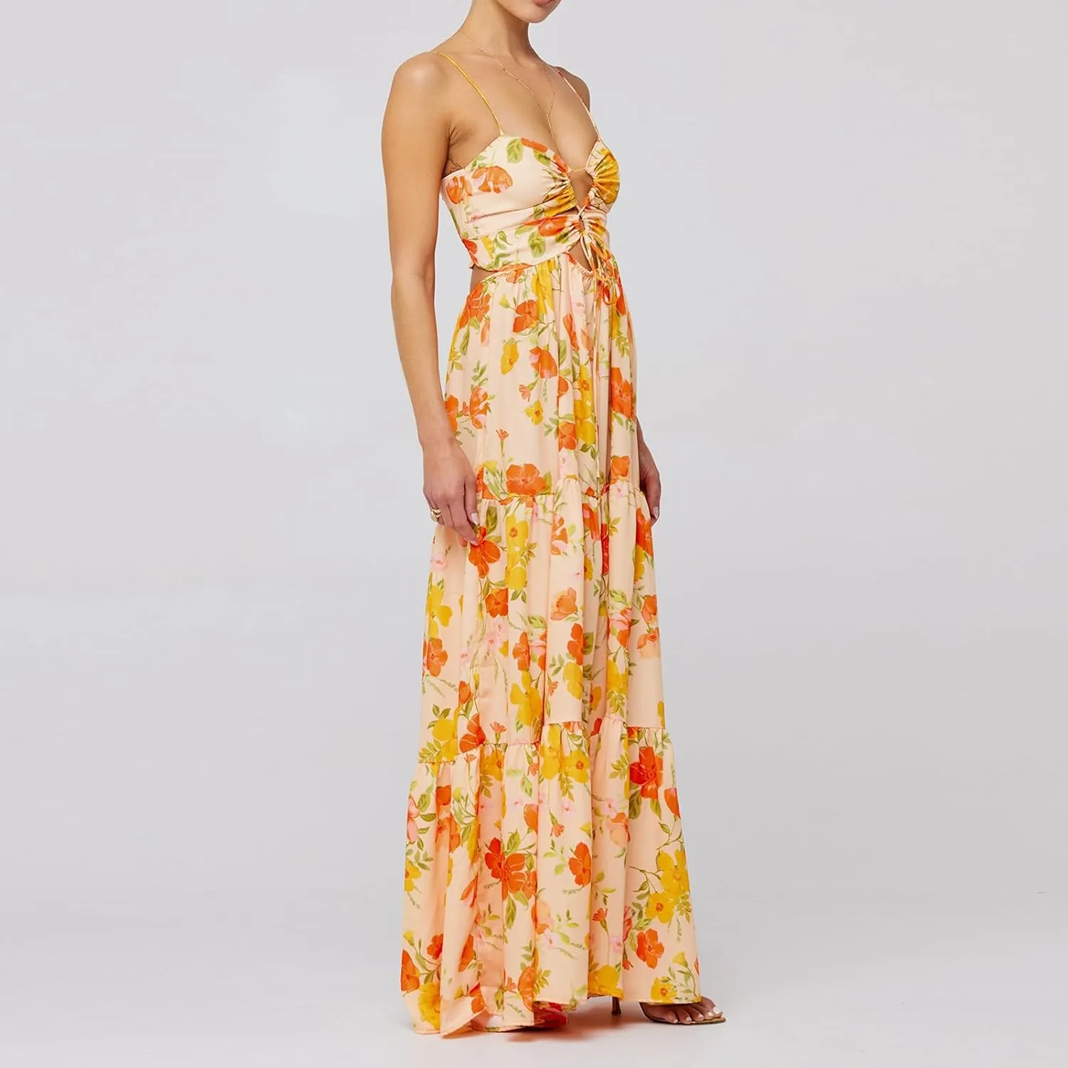 Women's Y2K Cami Long Dress Sleeveless Spaghetti Strap Cross Tie-up Front Floral Print Beach Dress