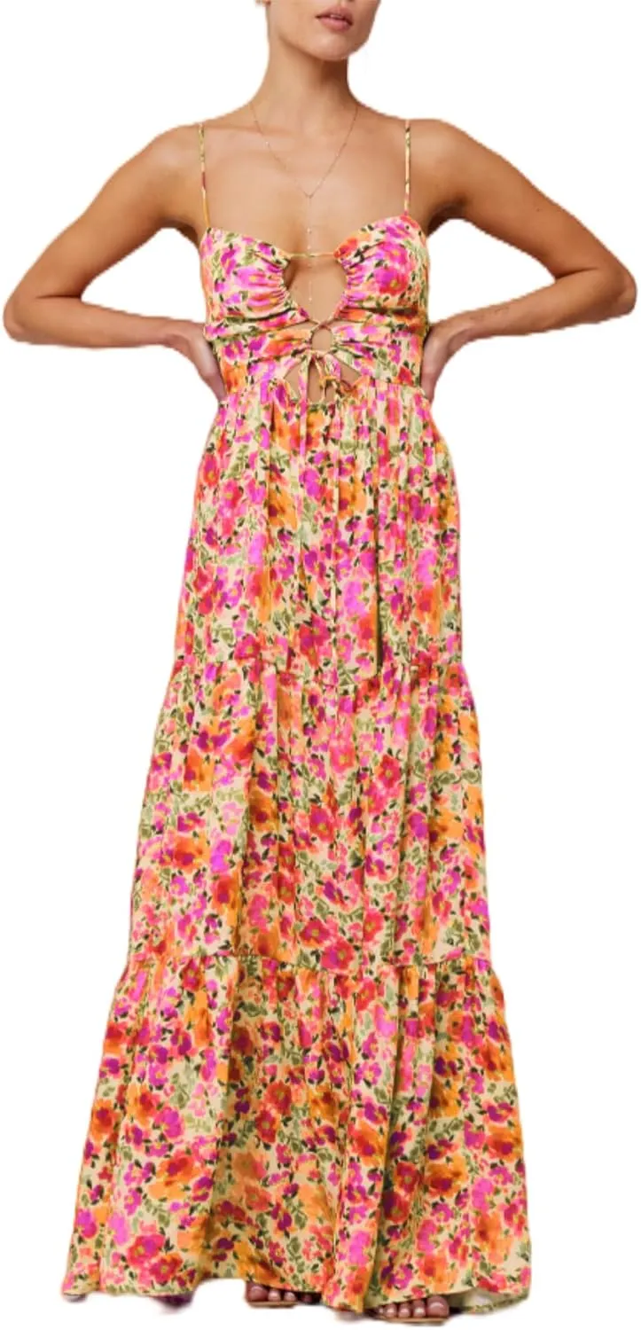 Women's Y2K Cami Long Dress Sleeveless Spaghetti Strap Cross Tie-up Front Floral Print Beach Dress