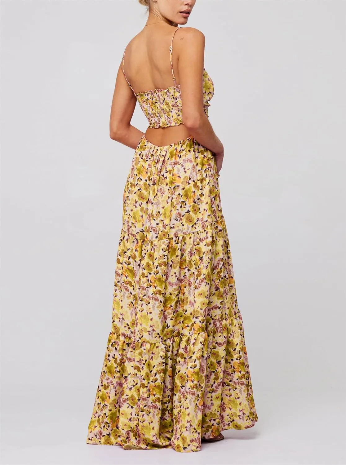 Women's Y2K Cami Long Dress Sleeveless Spaghetti Strap Cross Tie-up Front Floral Print Beach Dress
