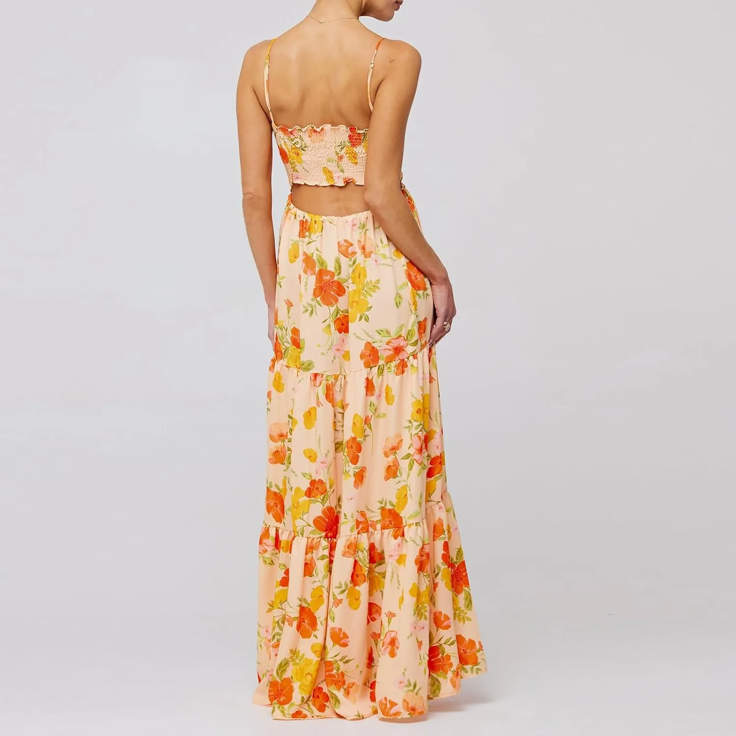 Women's Y2K Cami Long Dress Sleeveless Spaghetti Strap Cross Tie-up Front Floral Print Beach Dress
