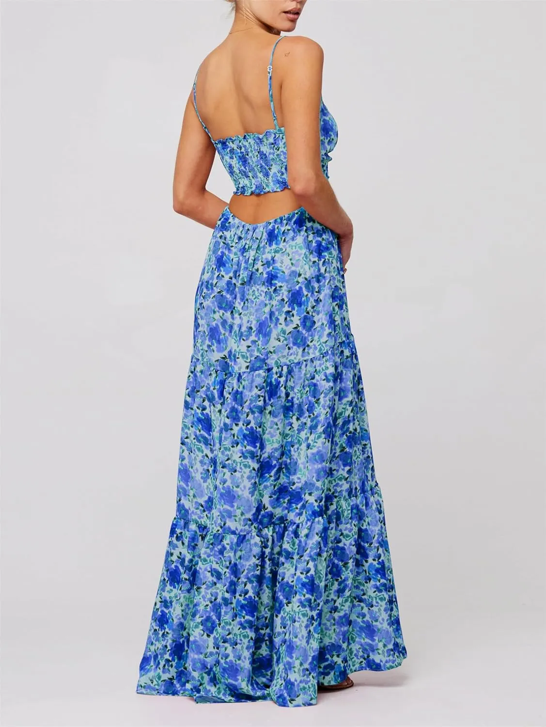 Women's Y2K Cami Long Dress Sleeveless Spaghetti Strap Cross Tie-up Front Floral Print Beach Dress