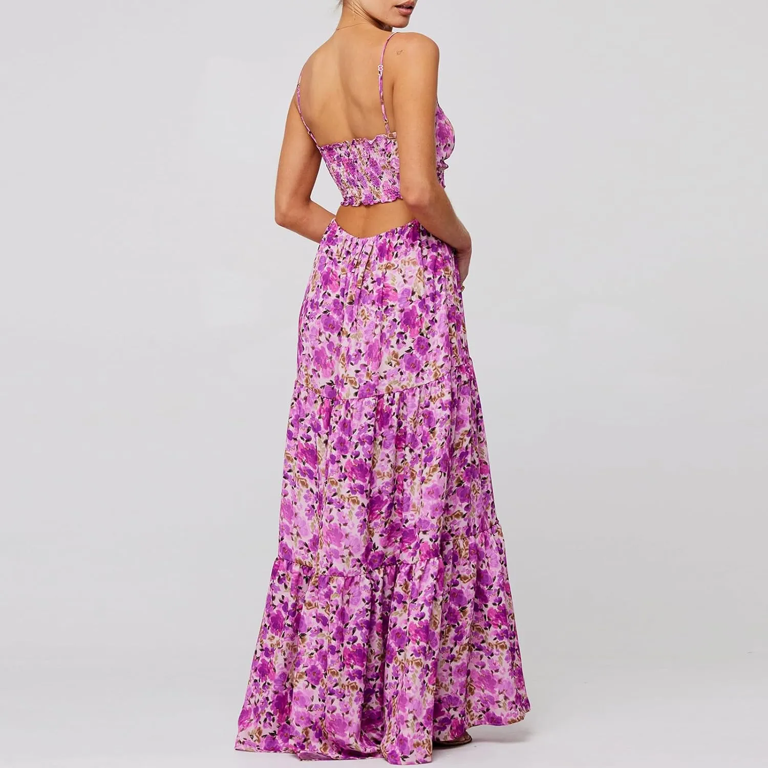 Women's Y2K Cami Long Dress Sleeveless Spaghetti Strap Cross Tie-up Front Floral Print Beach Dress