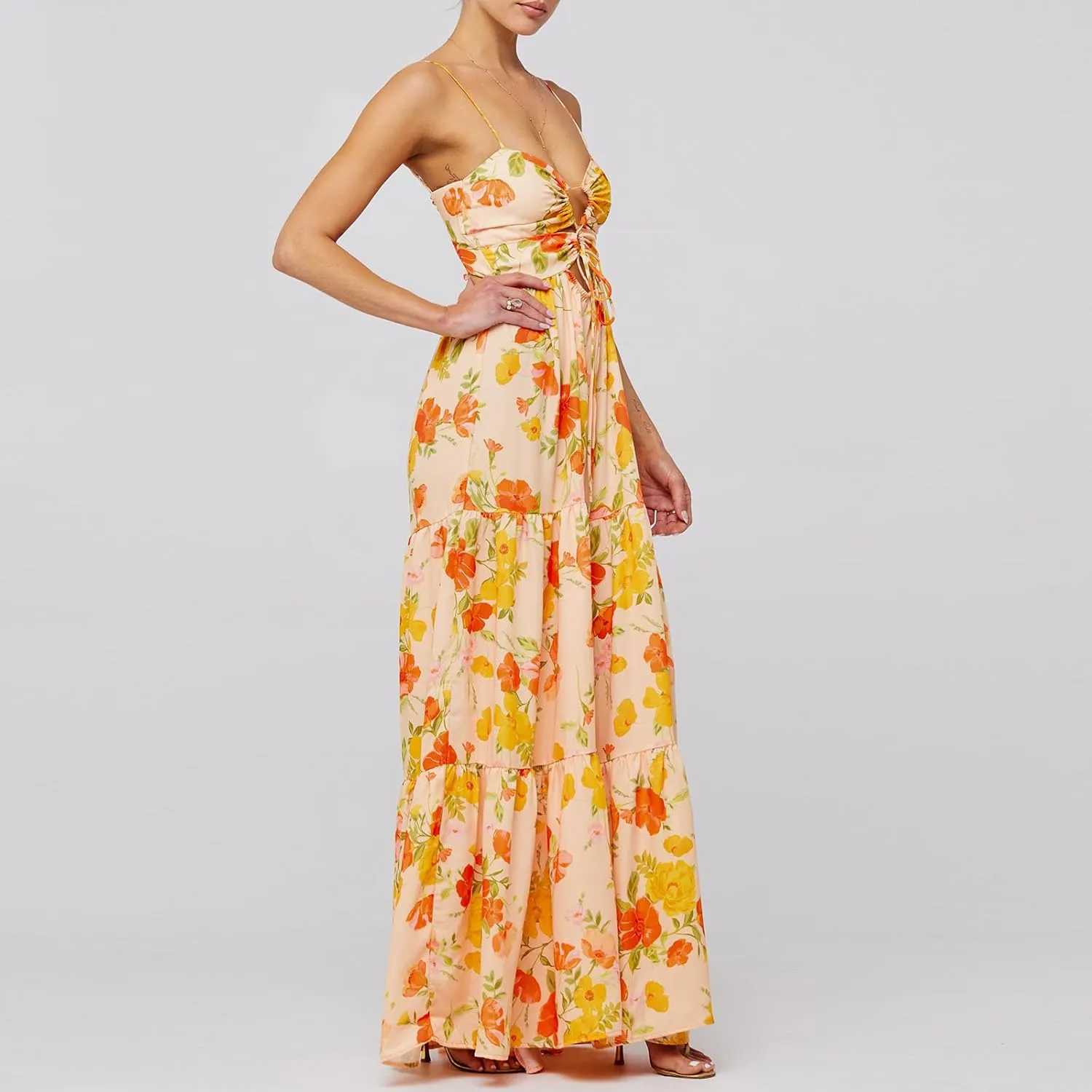 Women's Y2K Cami Long Dress Sleeveless Spaghetti Strap Cross Tie-up Front Floral Print Beach Dress