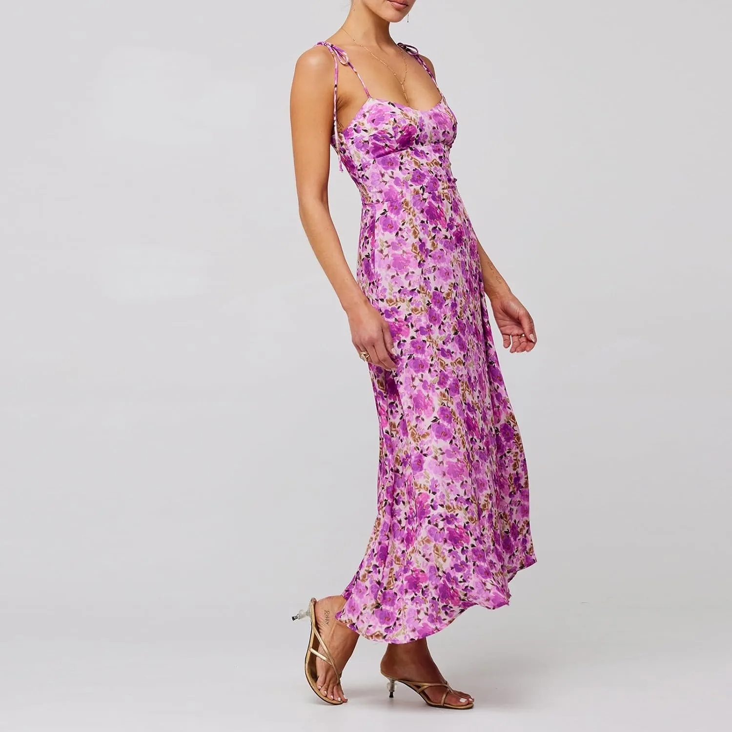 Women's Y2K Cami Long Dress Sleeveless Spaghetti Strap Cross Tie-up Front Floral Print Beach Dress