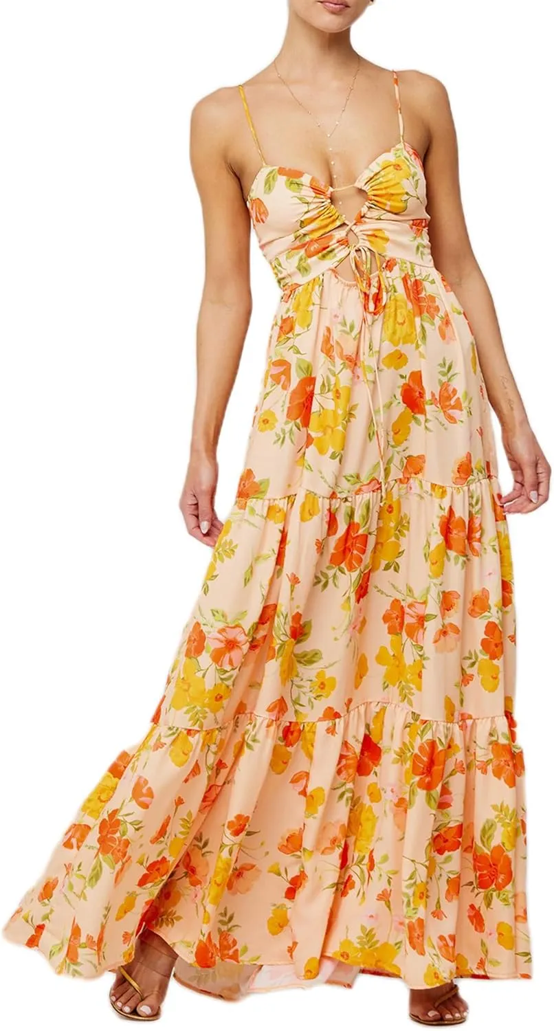 Women's Y2K Cami Long Dress Sleeveless Spaghetti Strap Cross Tie-up Front Floral Print Beach Dress