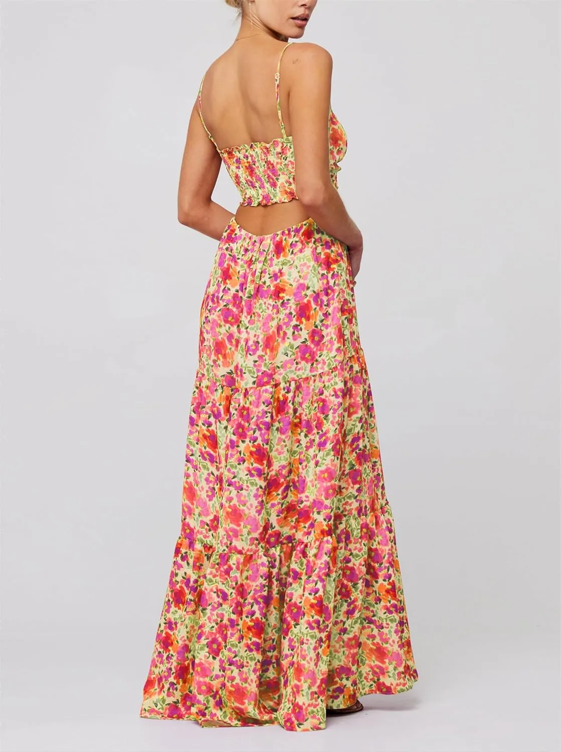 Women's Y2K Cami Long Dress Sleeveless Spaghetti Strap Cross Tie-up Front Floral Print Beach Dress