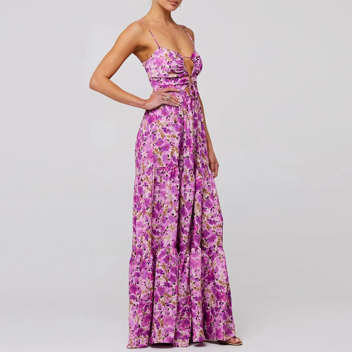 Women's Y2K Cami Long Dress Sleeveless Spaghetti Strap Cross Tie-up Front Floral Print Beach Dress
