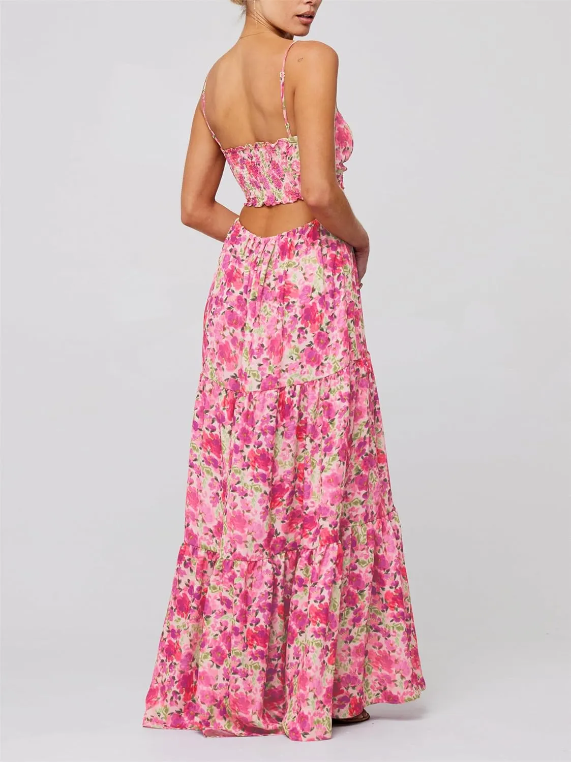 Women's Y2K Cami Long Dress Sleeveless Spaghetti Strap Cross Tie-up Front Floral Print Beach Dress