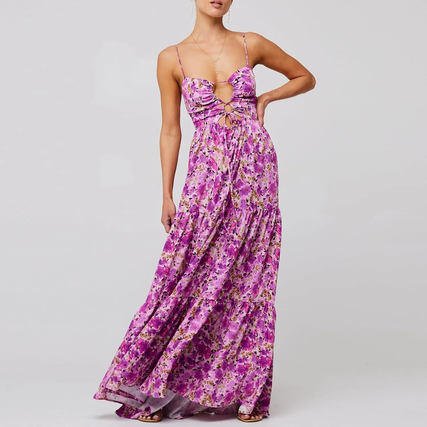 Women's Y2K Cami Long Dress Sleeveless Spaghetti Strap Cross Tie-up Front Floral Print Beach Dress