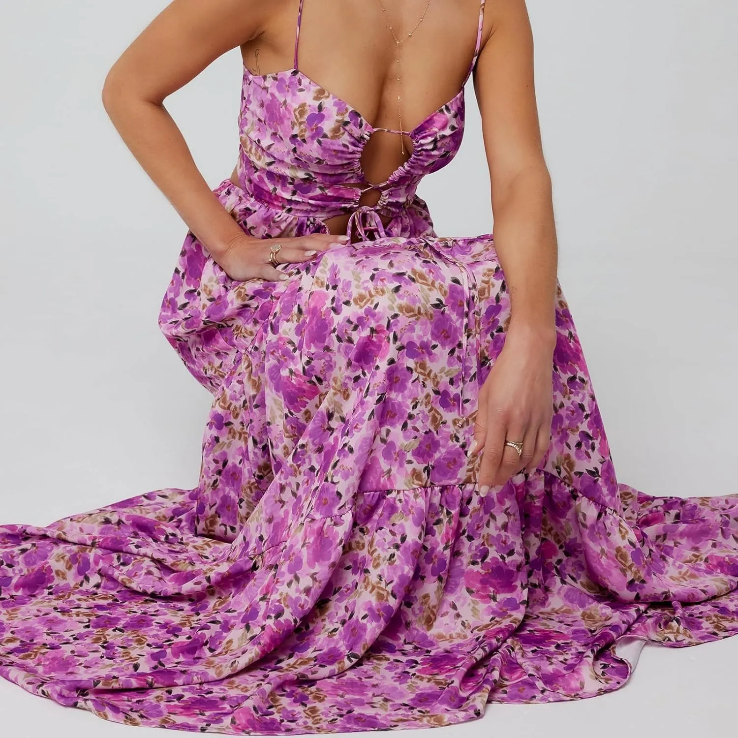 Women's Y2K Cami Long Dress Sleeveless Spaghetti Strap Cross Tie-up Front Floral Print Beach Dress