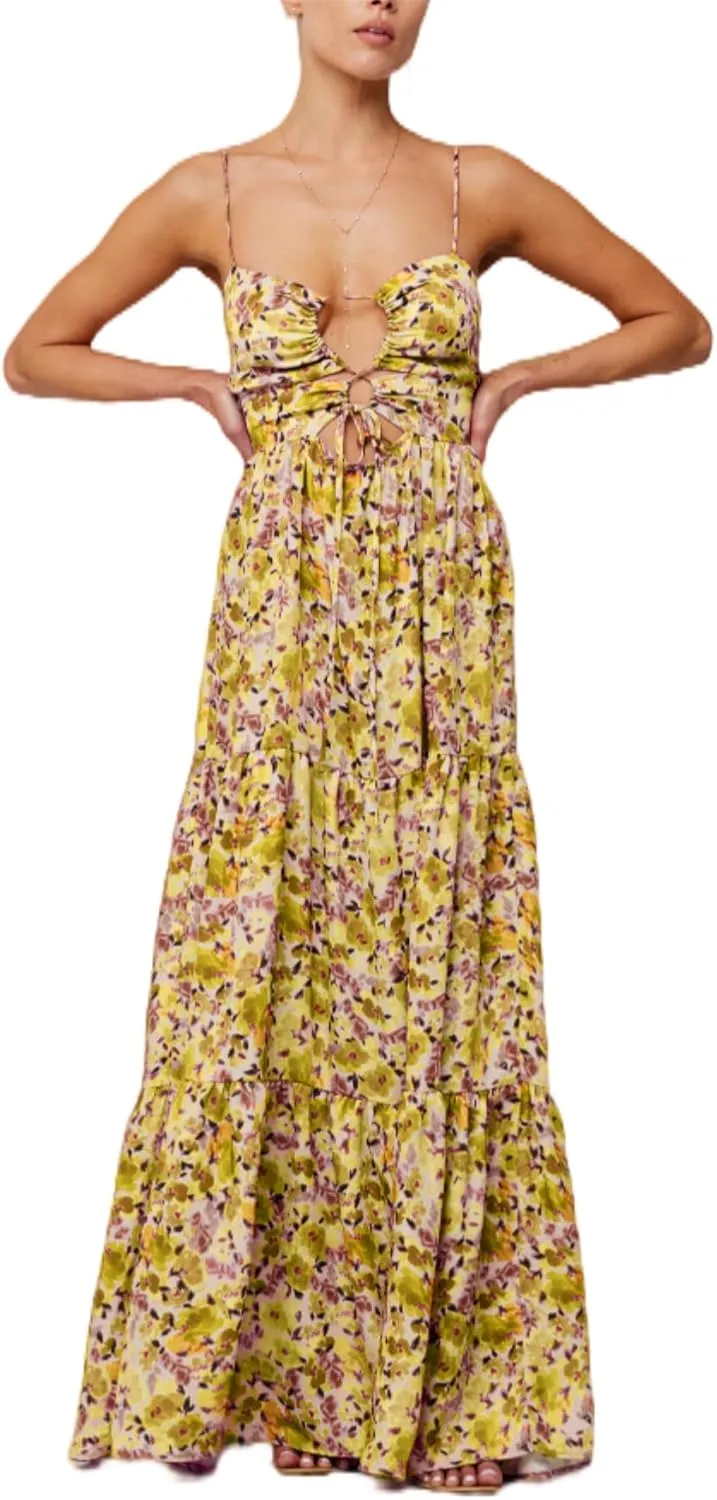 Women's Y2K Cami Long Dress Sleeveless Spaghetti Strap Cross Tie-up Front Floral Print Beach Dress