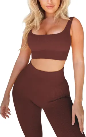 Workout Set for Women Outfit 2 Piece Seamless Ribbed High Waist Yoga Leggings with Sports Paded Bra