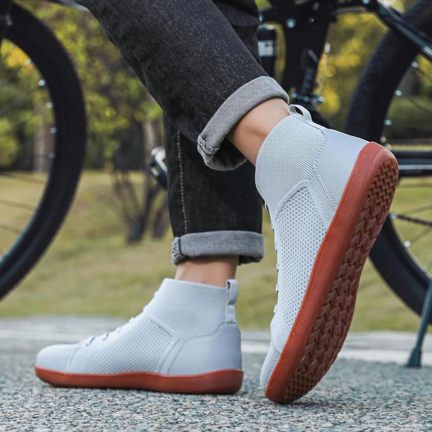 XENTORD Men's Minimalist Barefoot Shoes - Knit Lace-Up High Top Boots with Wide Toe Box Zero Drop Sole for Outdoor Driving & Walking | Lightweight Comfortable & Anti-Slip